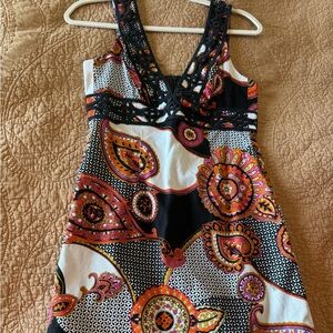 Vibrant Paisley Dress with Black Lace Accents